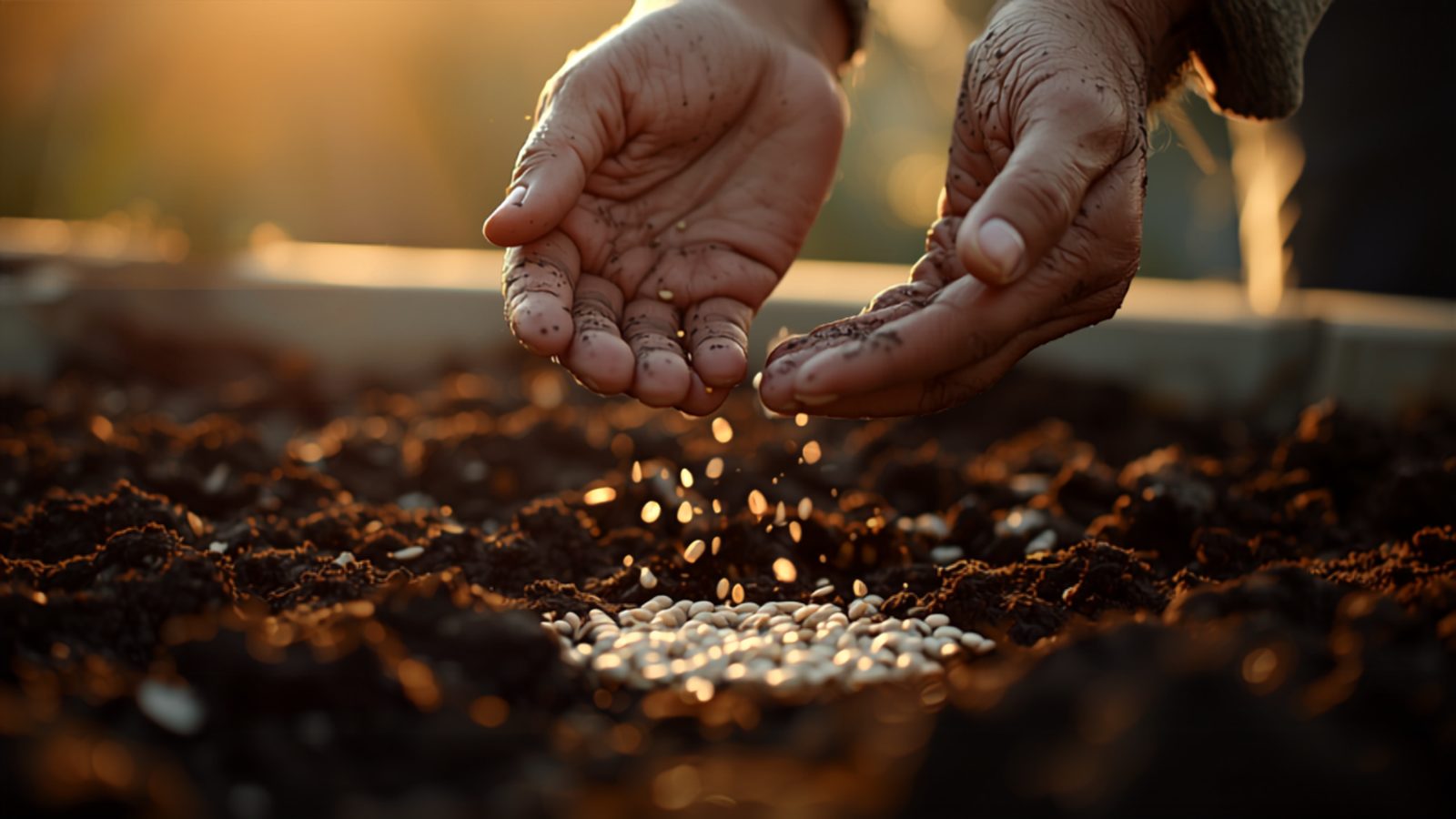 Hands broadcasting cover crop seed over a freshly harvested raised garden bed in early autumn light