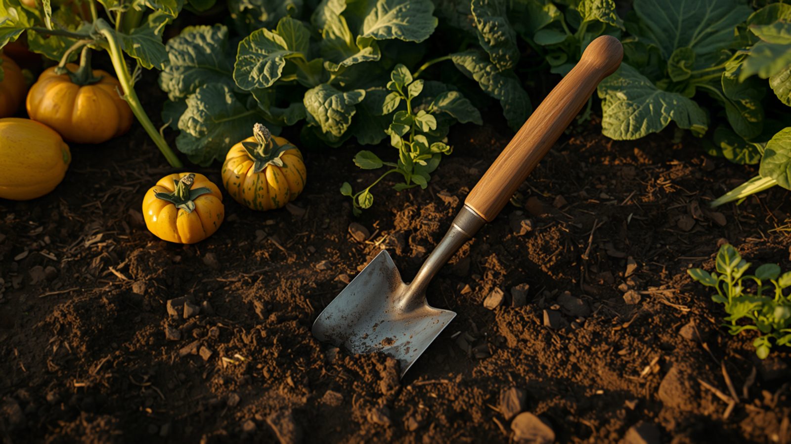 A hand trowel resting in dark garden soil beside small yellow squash and leafy greens in low golden light