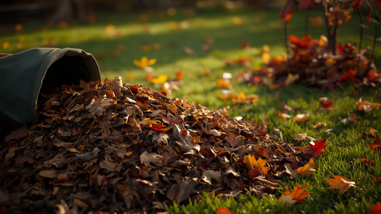 A pile of chopped brown, orange, and red autumn leaves spilling out of a green yard bag onto a lawn, with more fallen leaves scattered on the grass in low golden light