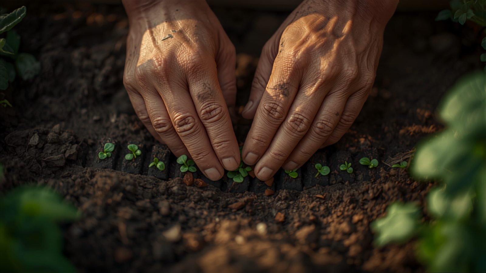 A gardener's hands sowing rows of fall spinach and leafy green seeds into dark garden soil in late summer light