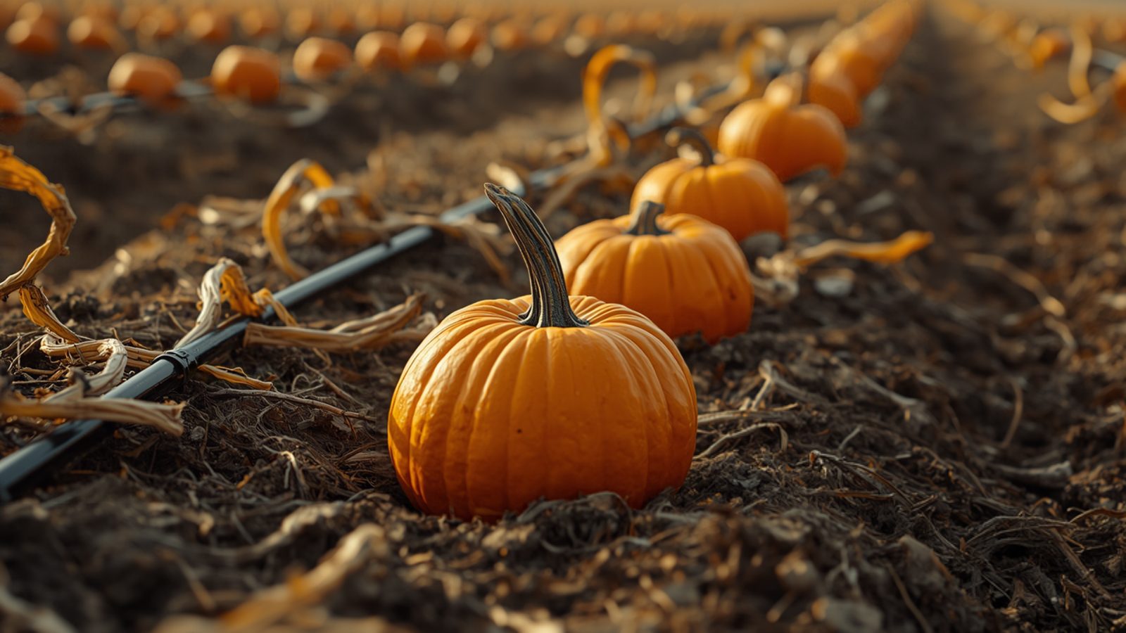 A row of orange pumpkins on dry, dark soil among withered vines, with a black drip irrigation line running alongside in low autumn light