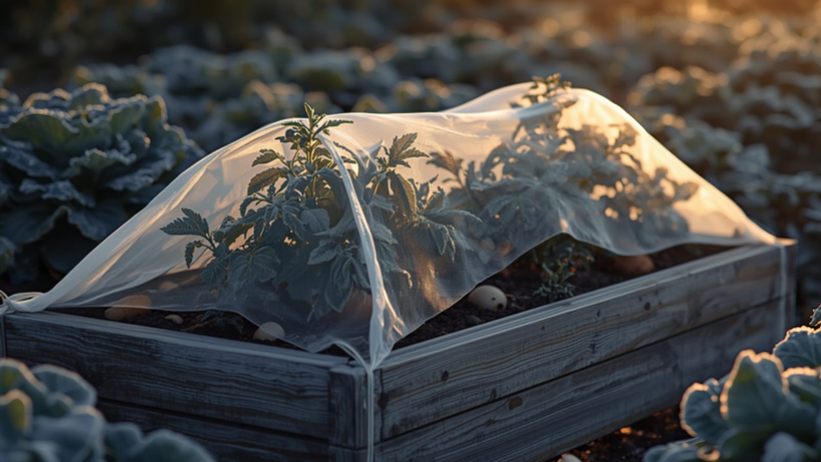 Sheer white frost cloth draped over young plants in a wooden raised bed at sunrise, surrounded by frost-dusted cabbage leaves