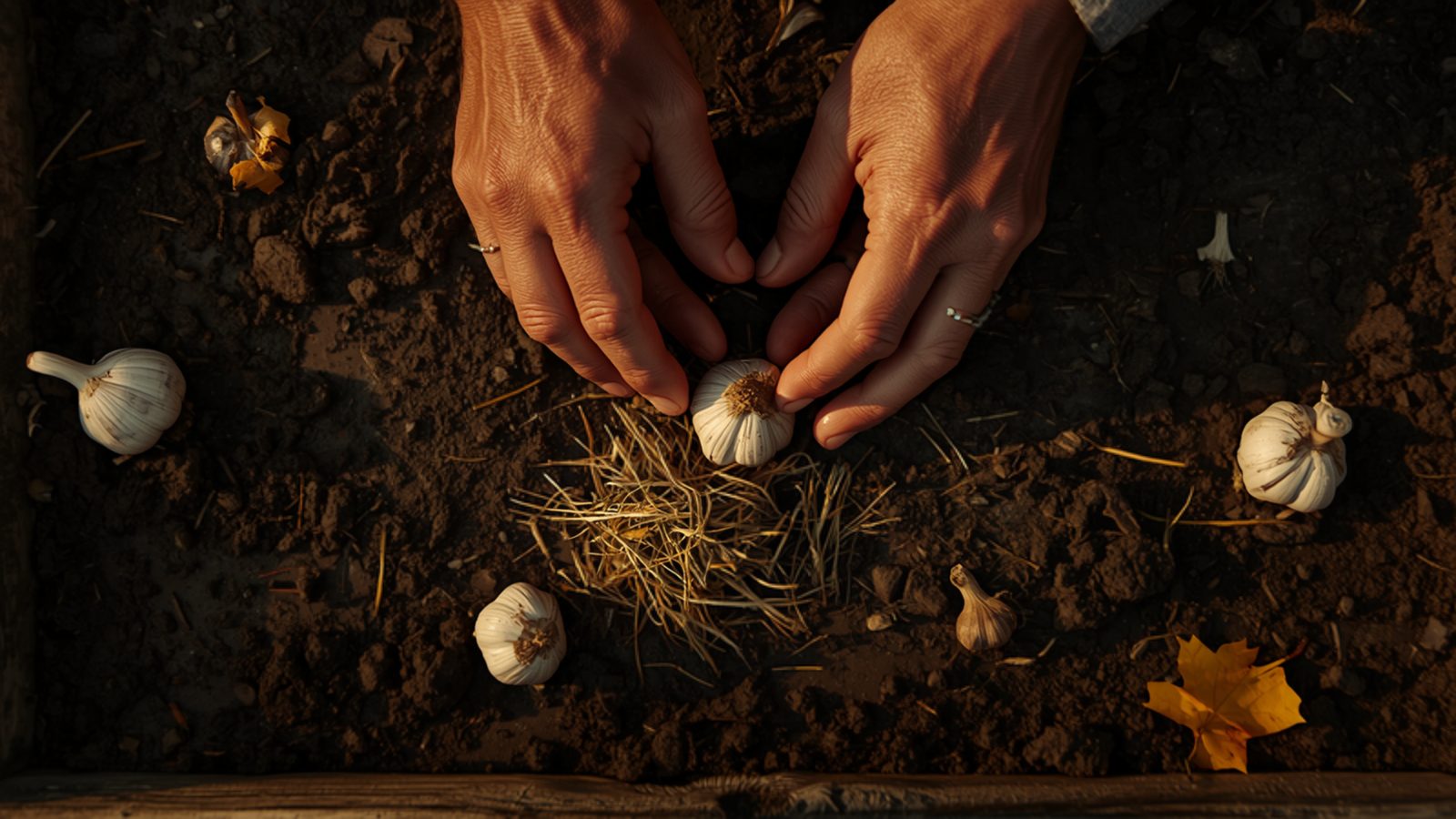 Hands pressing a garlic bulb into dark soil in a wooden raised bed, with whole garlic bulbs, a tuft of straw mulch, and fallen yellow leaves in low autumn light