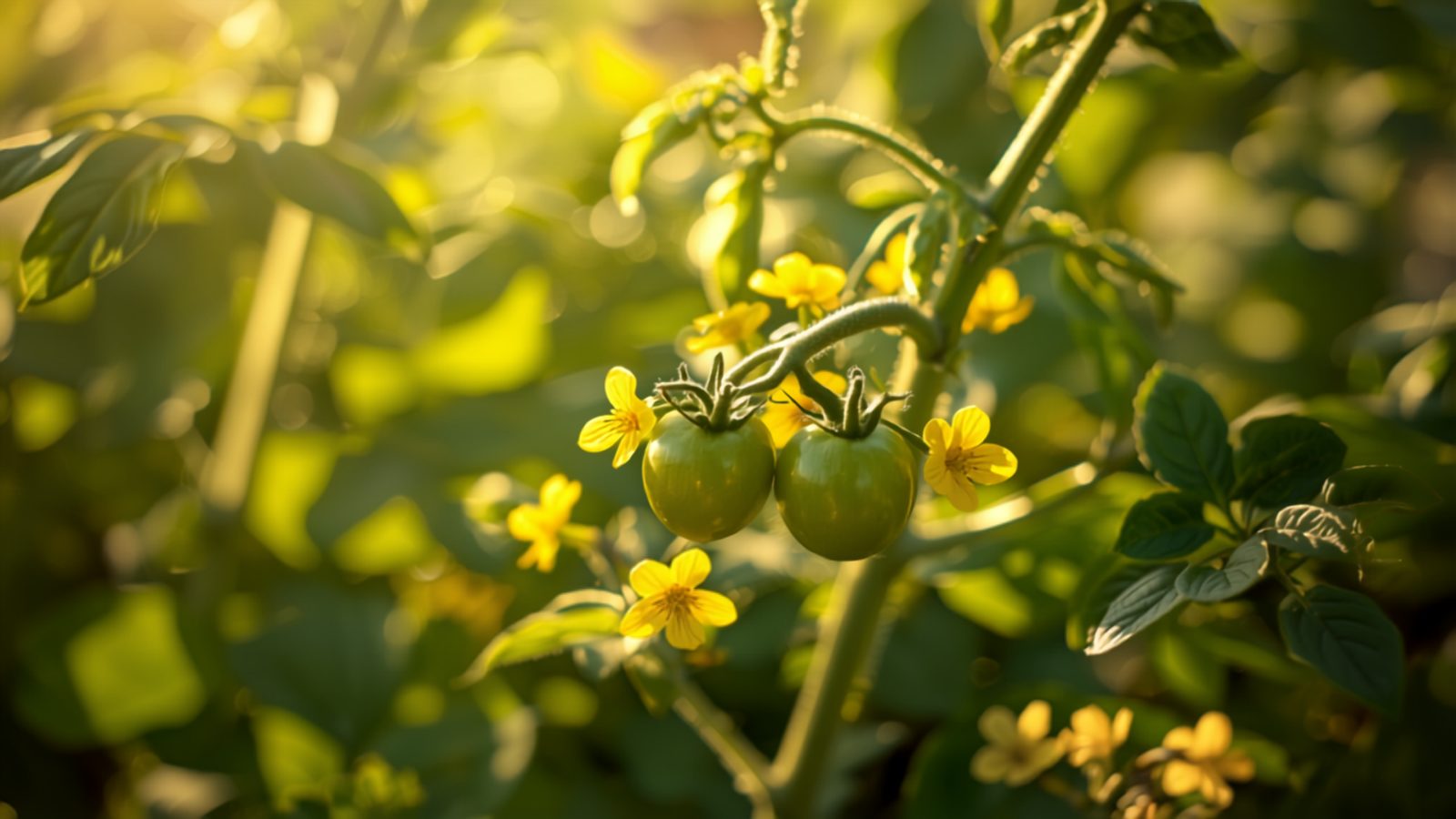 A tomato plant loaded with yellow blossoms but very few developing fruit, in a sun-scorched summer garden bed