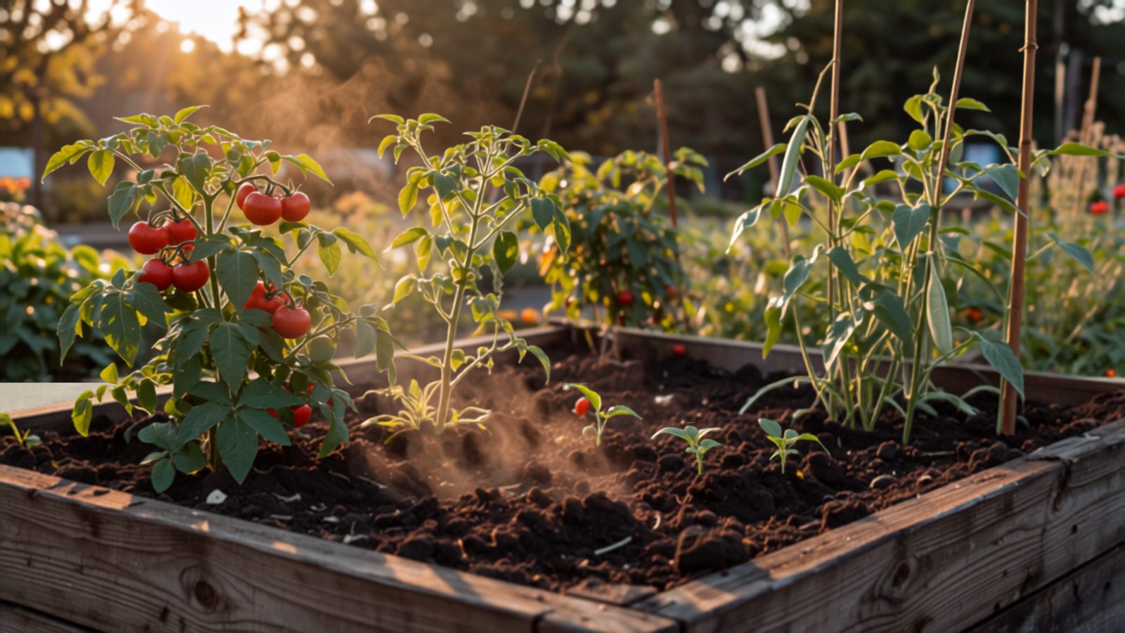 A vegetable garden bed with tomato and bean plants under intense summer sun, dry cracked soil visible between rows
