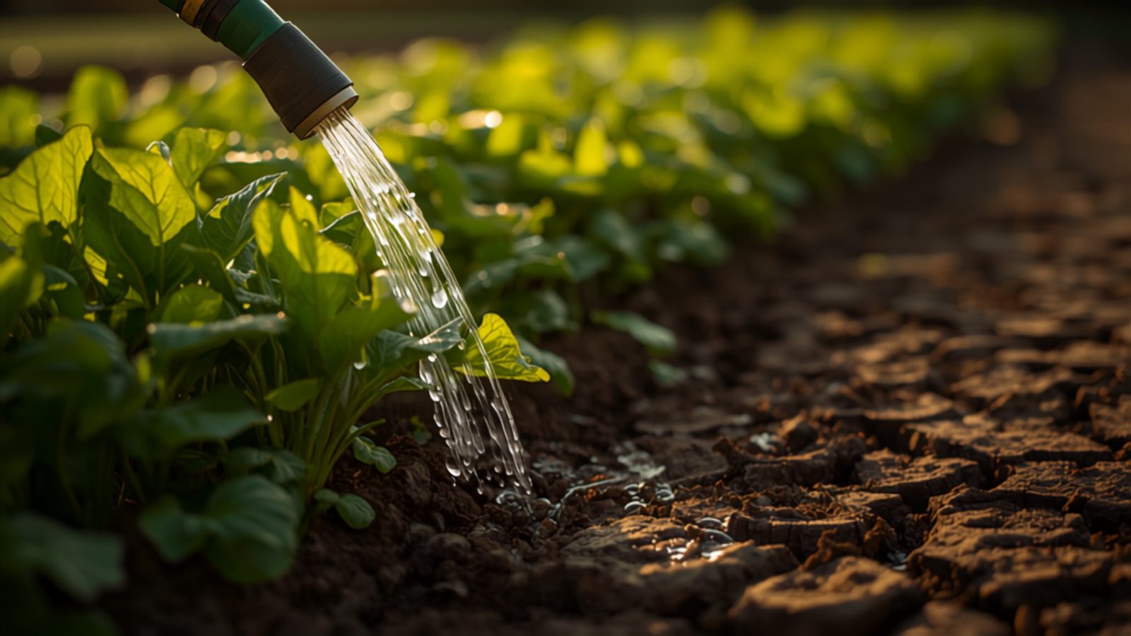 A watering can and garden hose resting beside a raised vegetable bed at dusk, soft evening light