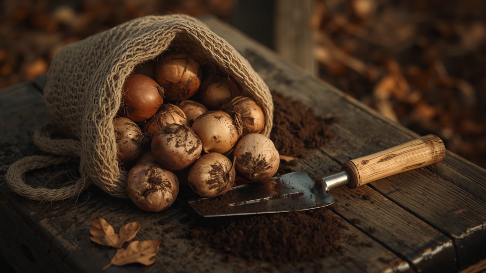 A burlap mesh bag of spring flower bulbs tipped onto a weathered wooden potting bench beside a hand trowel, loose dark soil, and a few dry autumn leaves