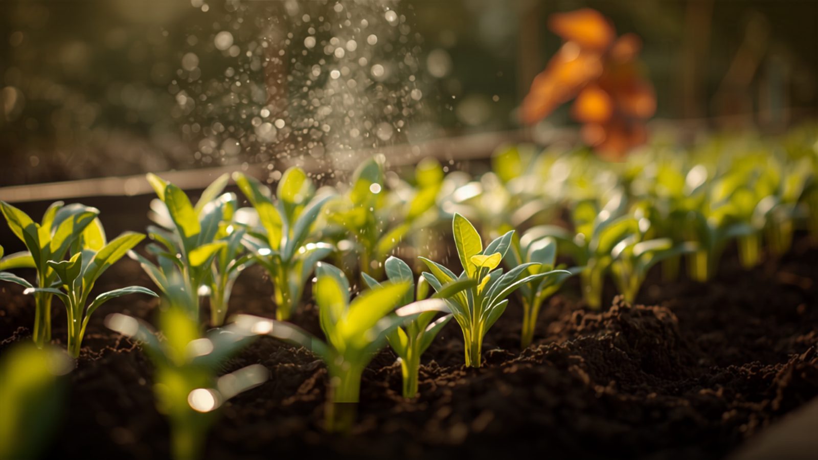 Rows of young fall leafy green seedlings in dark raised-bed soil under warm golden light, with early-autumn colored foliage blurred behind