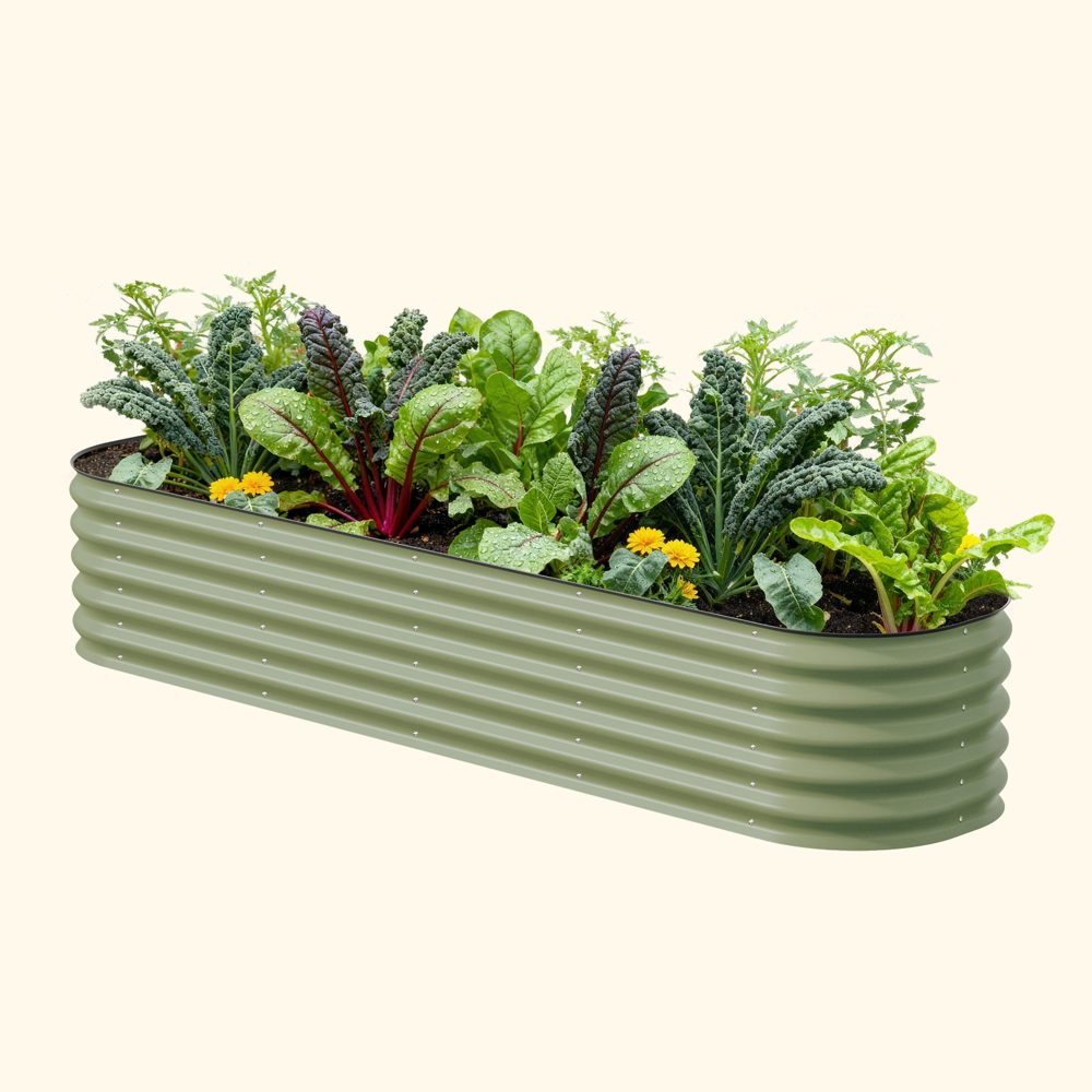 Vego Garden 9-in-1 modular metal raised garden bed, olive green, planted with vegetables